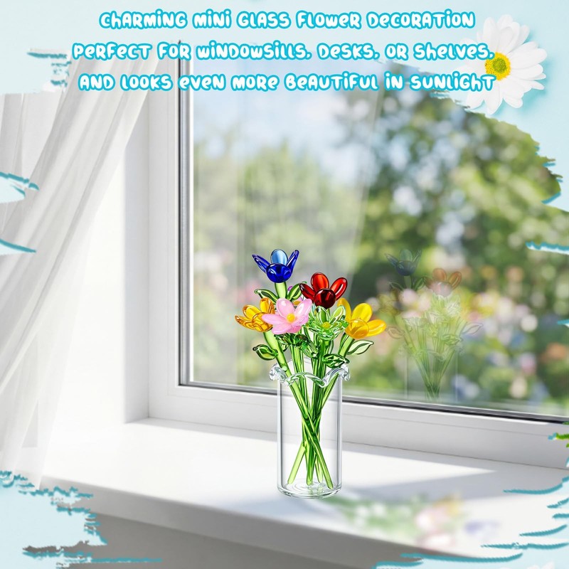 Fiwochic 7 Pcs Miniature Glass Flower Leave And 1 Pcs Vase Set Small Mini Glass gallery