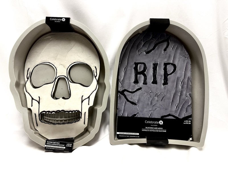 Set of 2 Halloween Silicone Cake Molds – Skull & Tombstone by Celebrate It 8×12