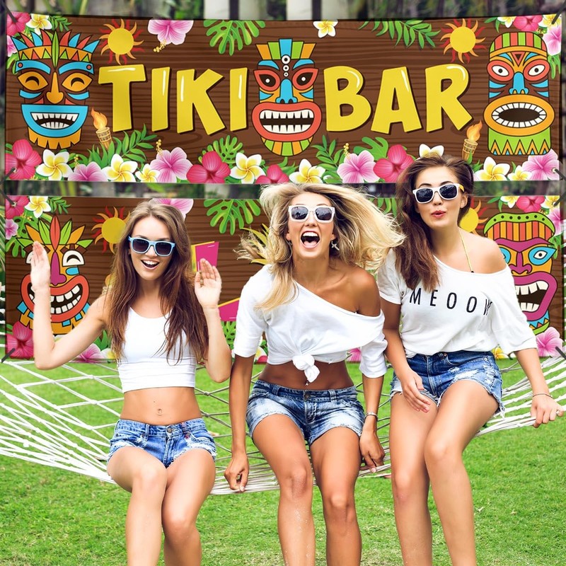 2 Pcs Luau Party Banner Hawaiian Tropical Backdrop Aloha Tiki Decor Set gallery