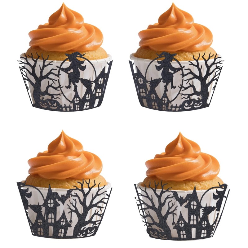 60pcs Halloween Cupcake Wrappers, Pumpkin Witch Bat Cupcake Wrapper Cake Pack…