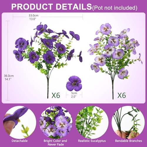 Fake Artificial Pansy Flowers for Outdoor, Faux Silk Pansies Double Purple gallery