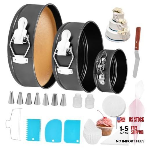 102Pcs Cake Pan Set Cake Decorating Kit with 3 Nonstick Round Springform Silver