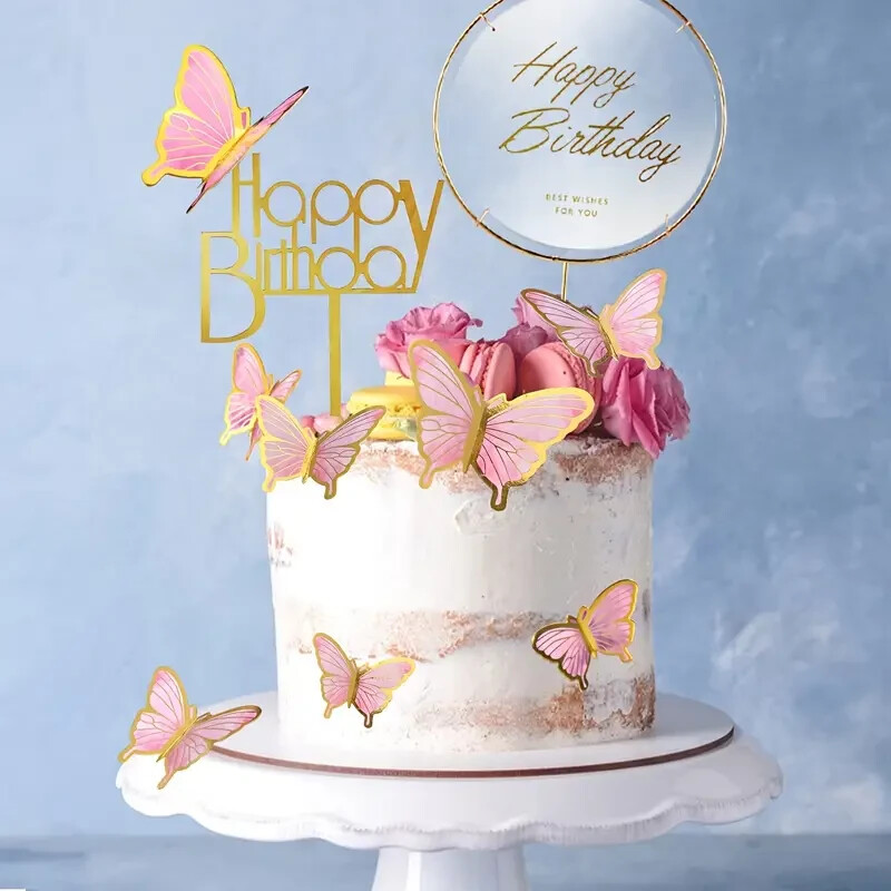 Pink Butterfly Cake Toppers, 11pcs Butterfly Cupcake Toppers Happy Birthday Meta
