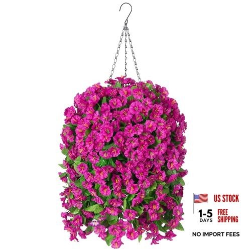 Artificial Faux Hanging Flowers Basket for Spring Summer Outdoor Red Purple