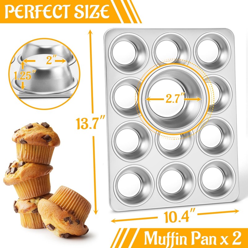 E-far Muffin Pan 12-Cup, Set of 2, Stainless Steel 13.7”x10.4”x1.25”, Silver gallery