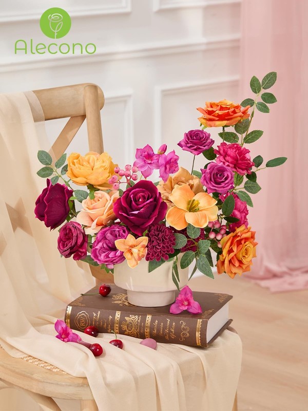 Alecono Artificial Flowers, Hot Pink and Orange Silk Fake Flowers for DIY Weddin gallery