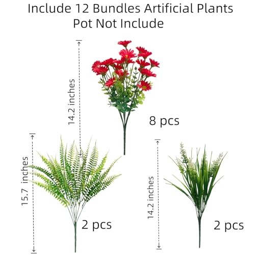 Artificial Mums Flowers Faux Plants for Fall Winter Outdoor Outside, 12 Red gallery