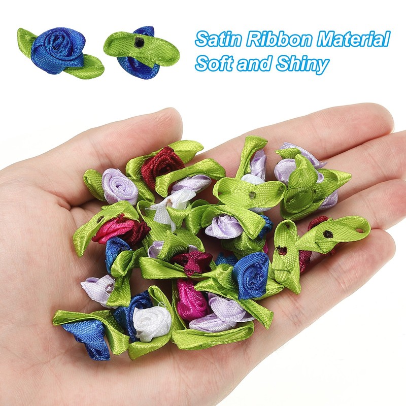 Mini Ribbon Roses, 200 Pcs Tiny Satin Fabric Flowers with Green Leaves, Blue gallery