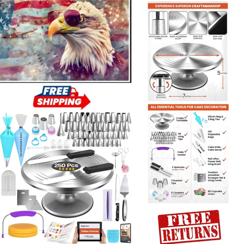 Professional Cake Decorating Kit – 250 PCS, including Turntable & Spatulas