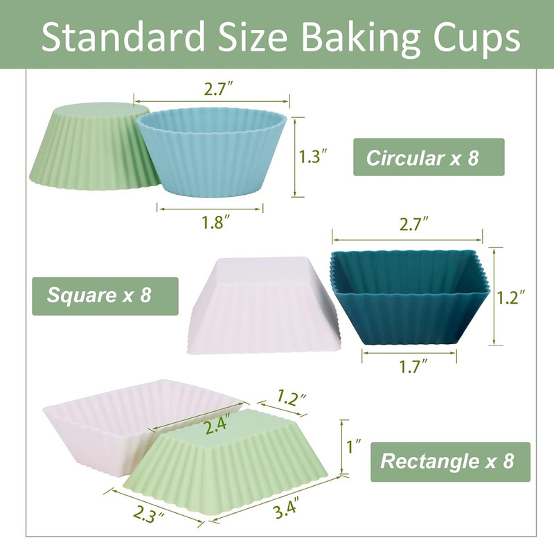 24Pack Silicone Muffin Cups, Reusable Cupcake Liners Molds for Baking, 3 Shapes gallery