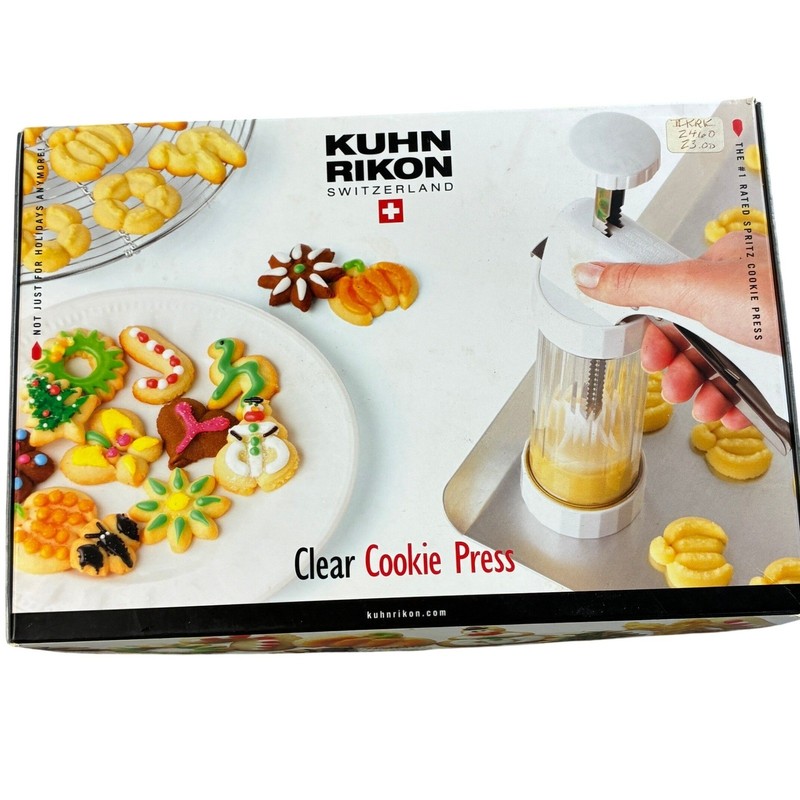 Kuhn Rikon Clear Cookie Press 2460 Stainless Steel Handle 14 Disks Spritz Maker
