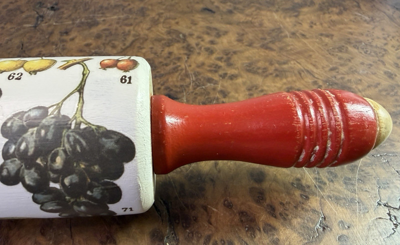 Vintage Wooden Rolling Pin Red Handles Handpainted & Decorated Fruit Decor gallery