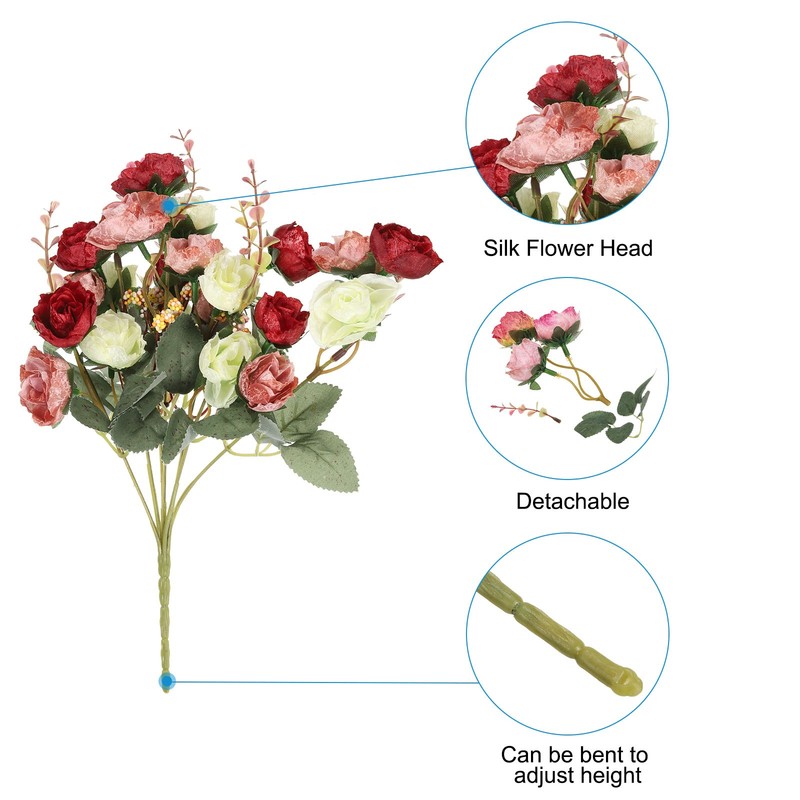 4Pcs 7 Branch 21 Heads Artificial Silk Rose Flower with Stem for Decor Red gallery