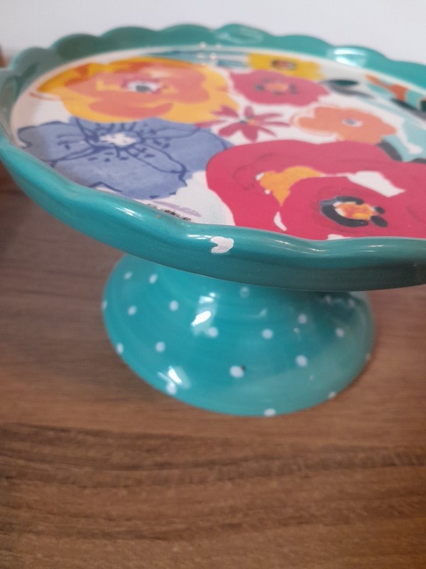 Pioneer Woman Ceramic Cake Stand & Glass Cover Polka Dots and Floral Pattern gallery