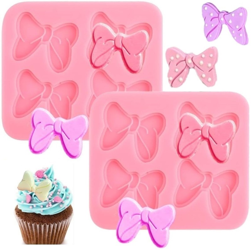 Bow Silicone Mold,2 Pcs 4 Hole Bow Chocolate Mold,Bows Fondant Molds Sugar Ca…
