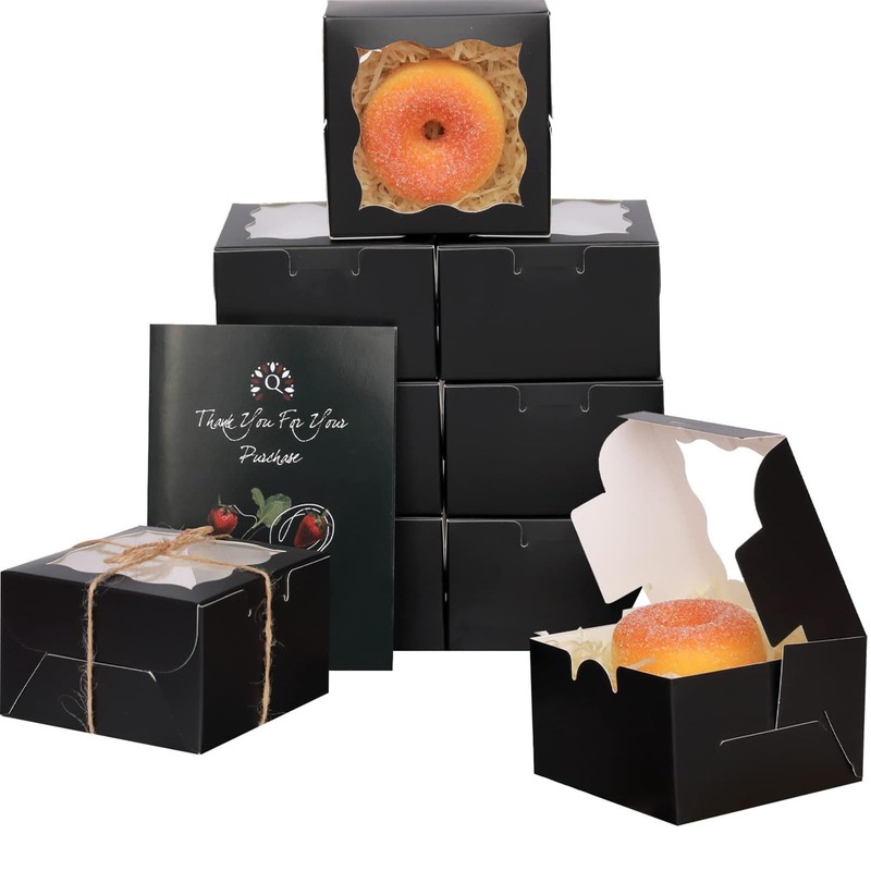 100 Pack Black Bakery Boxes With Window 4x4x2.5 Inch Mini Cookie Donut