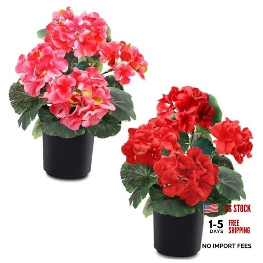 2 Pack Artificial Geranium Fake Flowers for Outdoors Spring Red and Rose Red