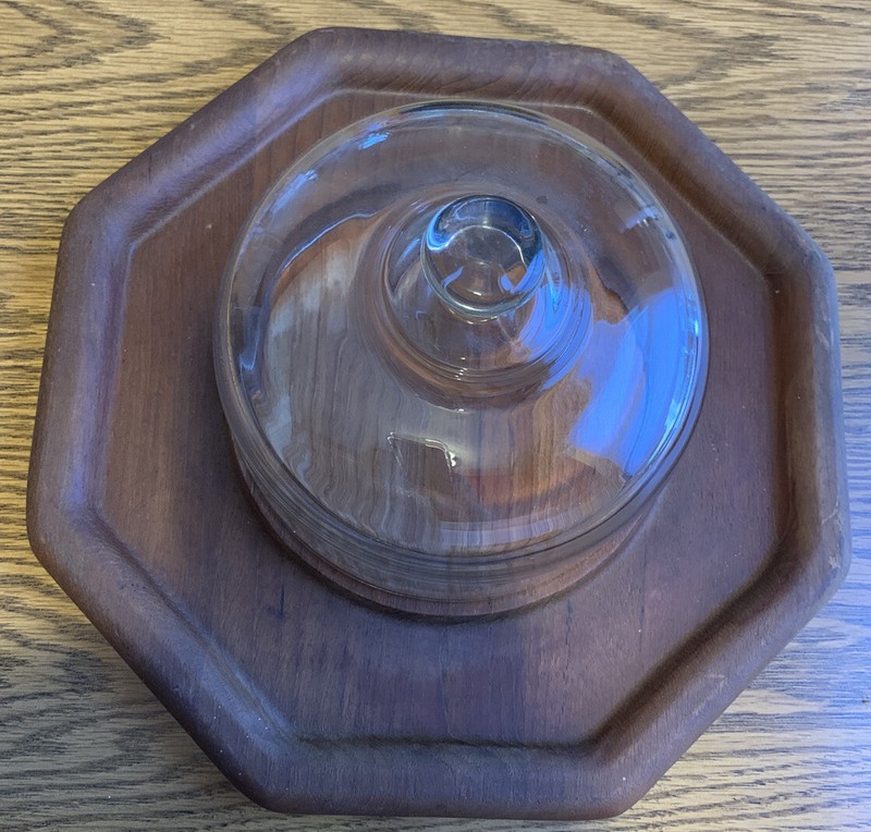 LARGE GOODWOOD TEAK GLASS DOME LID CHEESE PLATE TRAY OCTAGONAL