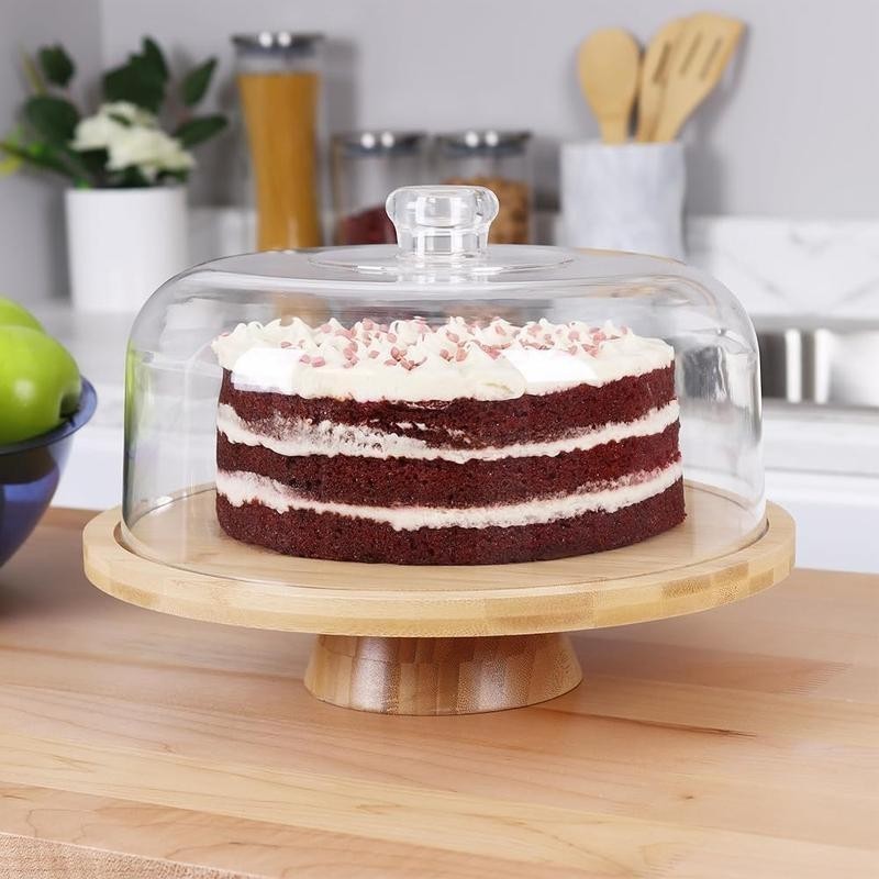 6 in 1 Bamboo Wood Cake Stand W/ Acrylic Dome Multiuse Serving Tray & Bowl New gallery