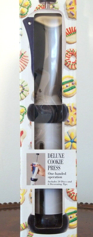 BAKER’S ADVANTAGE DELUXE COOKIE PRESS ONE-HANDED OPERATION; 20 DISCS/6 TIPS…