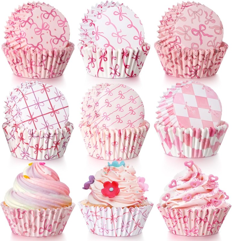 300 Pcs Cupcake Liners Pink Bow Baking Cups Paper Bowknot Cupcake Muffin