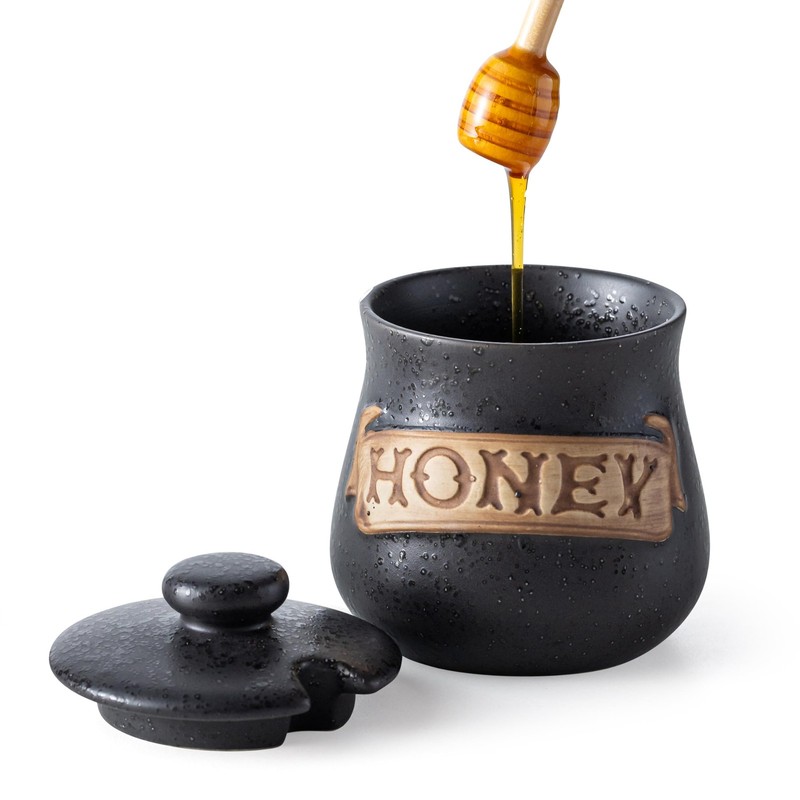 12OZ Honey Jar with Dipper and Lid, Ceramic Honey Pot Container, Large Honey ...