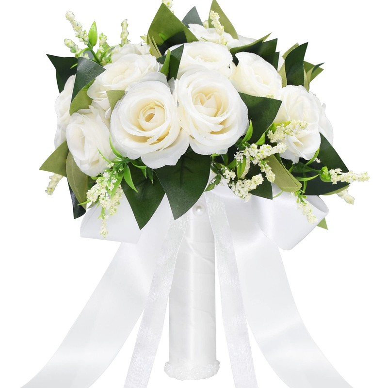 Febou 8.3″ Artificial Rose Wedding Bouquet for Bride Bridesmaid