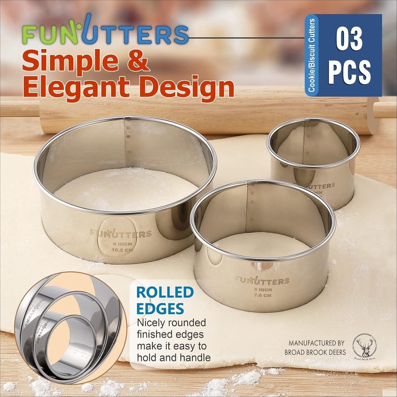 Cookie Cutter Set 3 Pc Kit Measuring 2'' 3'' & 4'' Round Metal Baking Rings gallery