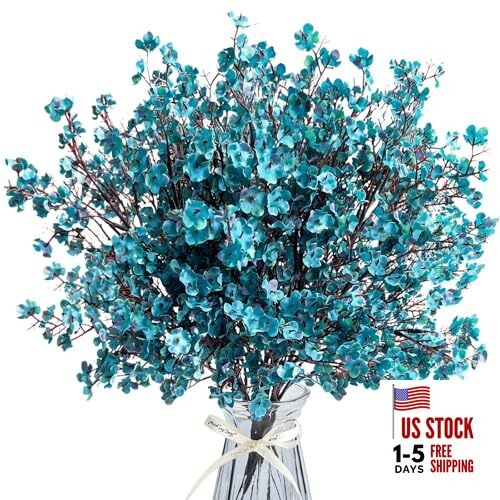 Babys Breath Artificial Flowers 8 Bundles Real Touch UV Resistant Peacock Blue