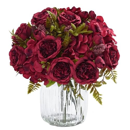 MARTINE MALL 4 Packs Peonies Artificial Flowers, Burgundy Artificial 4PCS Red