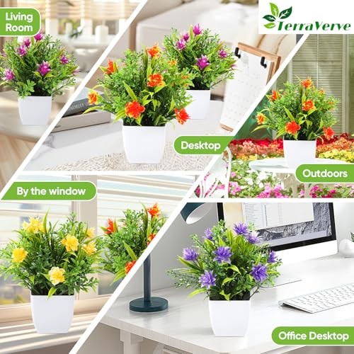 TerraVervre Fake Plants 4 Packs,Small Artificial Plants with Flowers, for Green gallery
