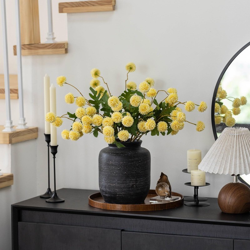 Mizii 6Pcs Yellow Fake Silk Pompon Mum Artificial Flowers Bulk Small Faux gallery