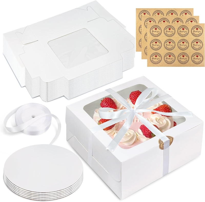 28PCS 8X8X4 Inches White Bakery Boxes with Window Bulk Cardboard Pastry and Whit gallery