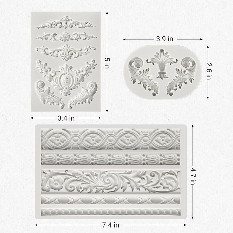3PCS Baroque Silicone Molds Scroll Border Mold Baroque Clay Mold Fondant Molds f gallery