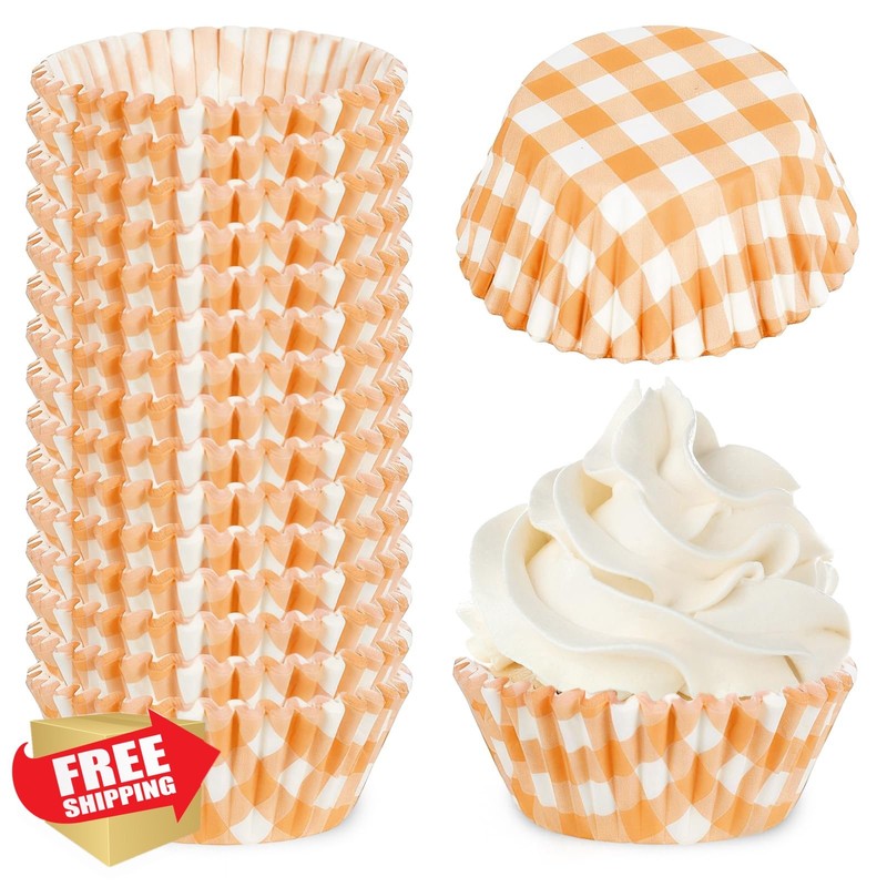 Whaline 300 Fall Muffin Liners Paper Baking Cups Orange Plaid 2″