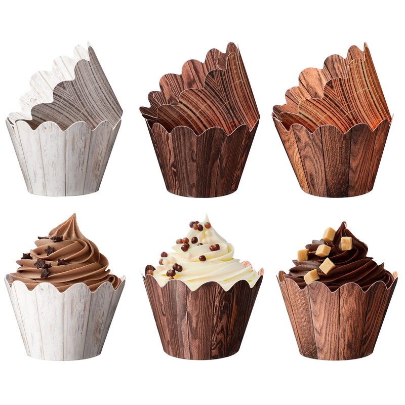 Wood Grain Cupcake Wrappers Rustic Liners Woodland Theme Cake Decor 120 PCS