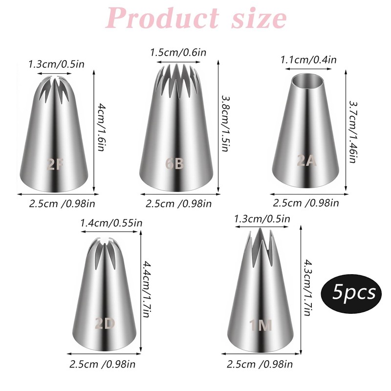 Piping Tips 1M 2A 2D 2F 6B Stainless Steel Cake Decorating Icing Silver 5 PCS gallery