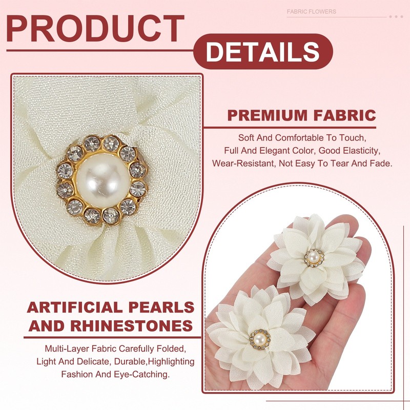 30Pcs 2" Fabric Flowers Rhinestone Pearls Sewing Fabric Flowers White gallery
