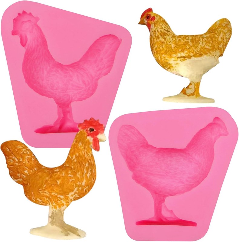 Rooster Hen Silicone Molds 2 Pcs, Farm Animal Chicken Fondant Mold, Pink