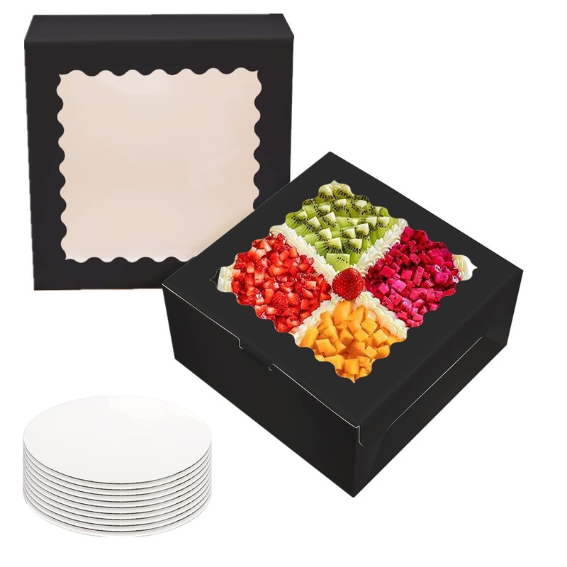 10 PCS Black Cake Boxes With Boards Ribbon Window Container 10x10x5 Inches