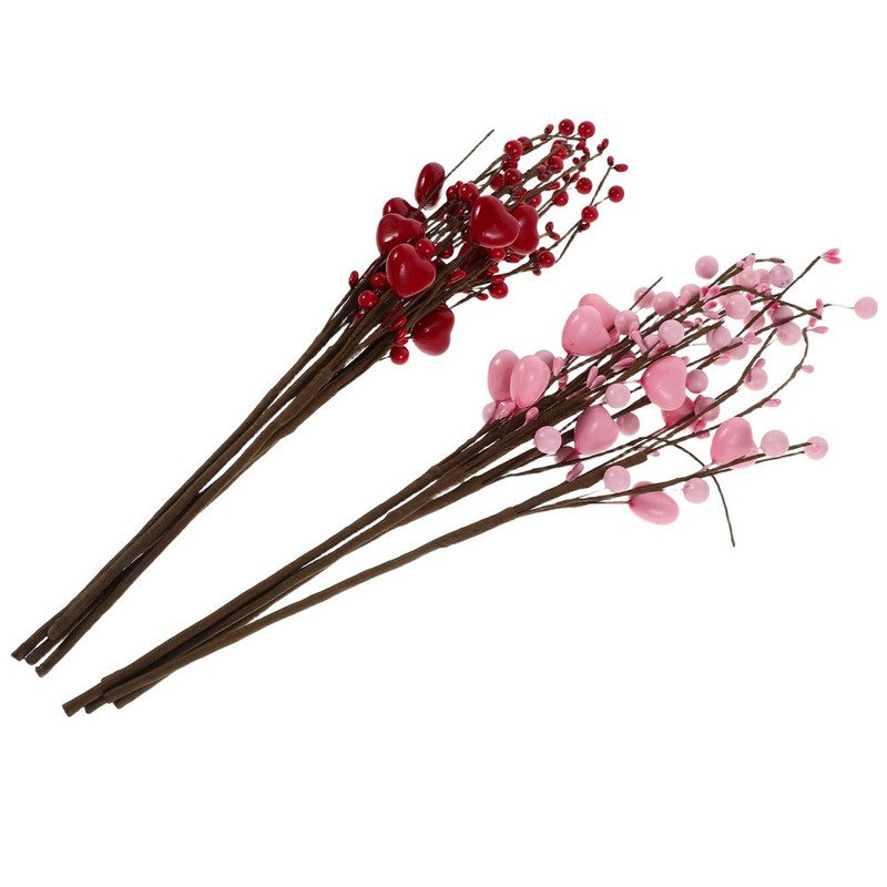 10Pcs Faux Berry Branches with Heart Ornaments for Valentine’s Day Party Decor