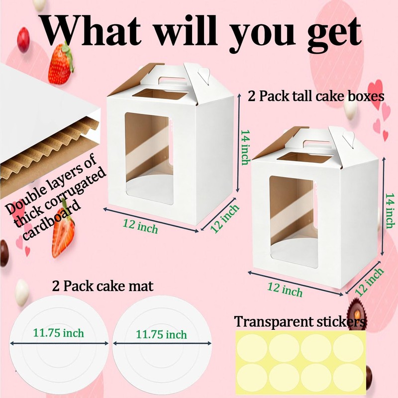 Cake Boxes - 2 Pack Tall Cake Box 12x12x14 Inch Disposable Layer Carrier with... gallery