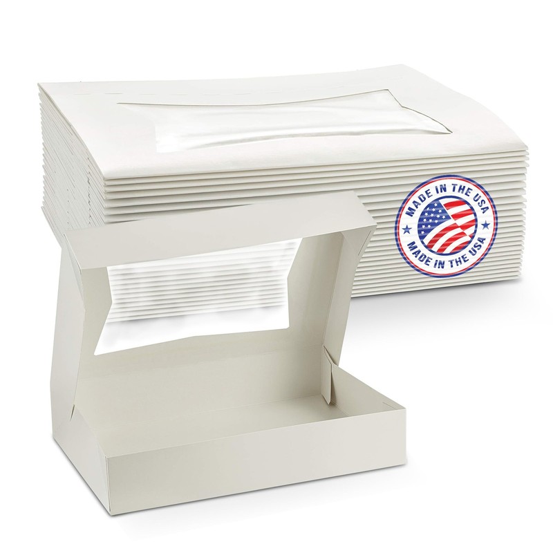 12" x 8" x 2.25" White Bakery Boxes with Window (25 Pack) - Auto Pop-Up Paper...