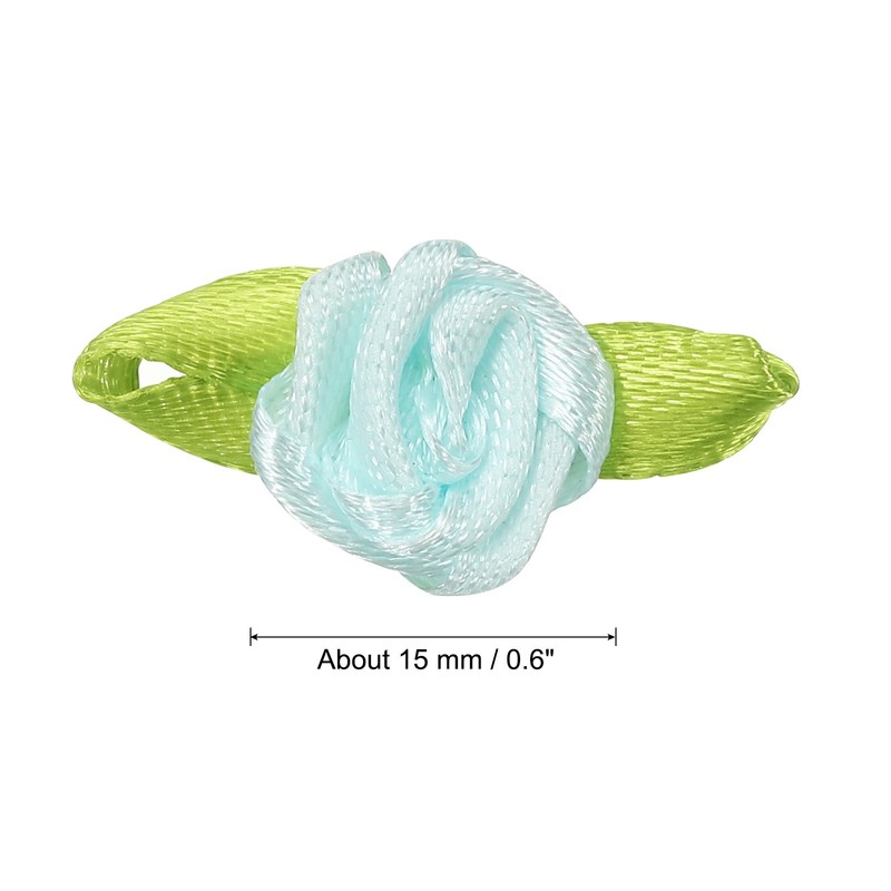 Mini Ribbon Roses, 200 Pcs Satin Fabric Flowers with Green Leaves, Light Blue gallery