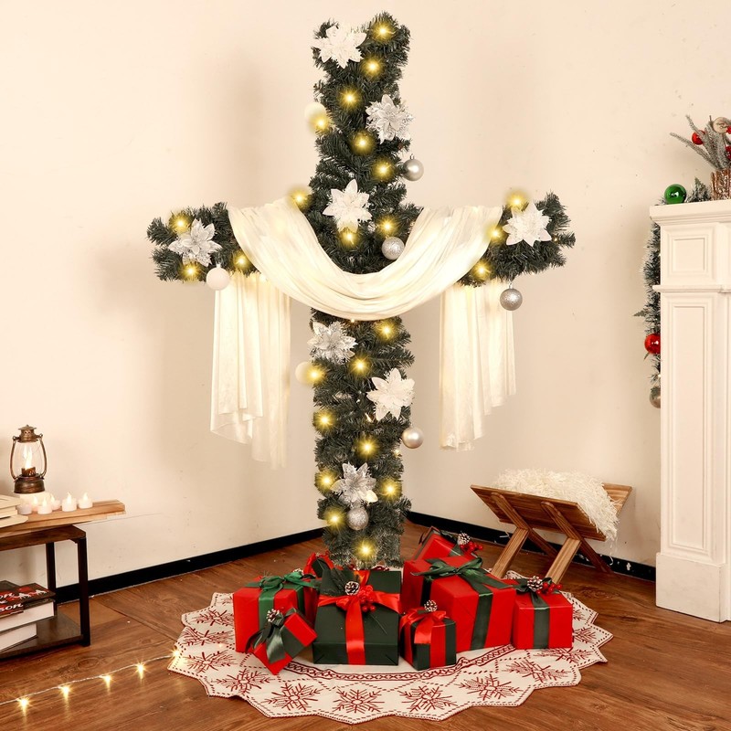 Justforjoyful 5Ft Artificial Christmas Cross Tree A String Lights A White Silk