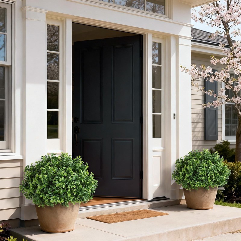 Foteewl Set Of 2 Artificial Boxwood Topiary Ball Trees For Front Door - gallery