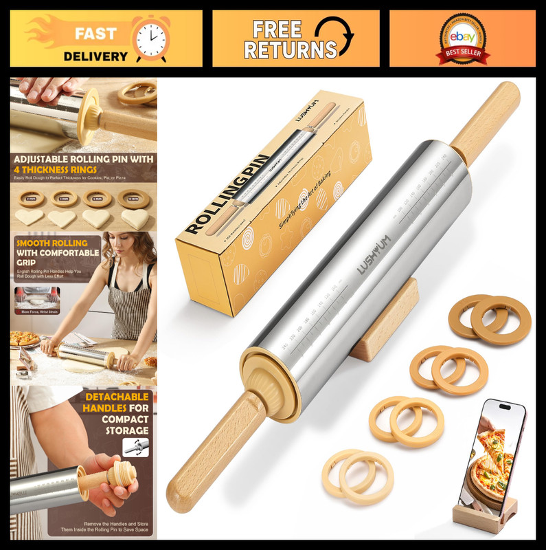 Adjustable Rolling Pin with Thickness Rings – Stainless Steel Dough Roller, Non-