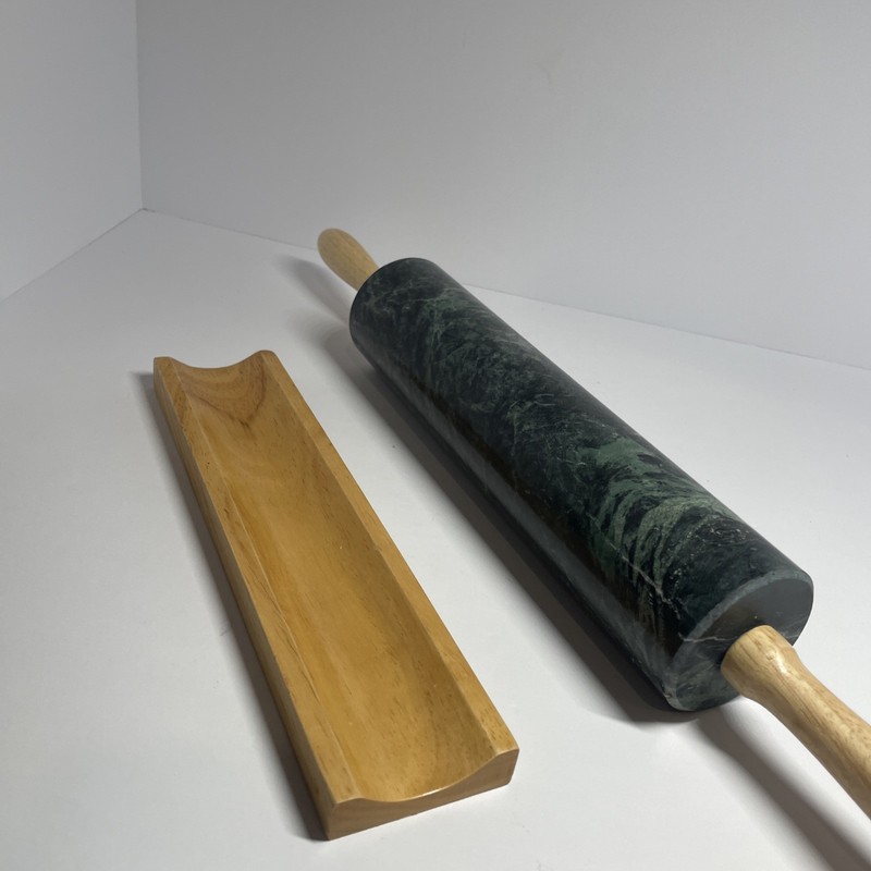 10" Marble Green Rolling Pin with Wooden Handles 18” + Holder Base As Is gallery
