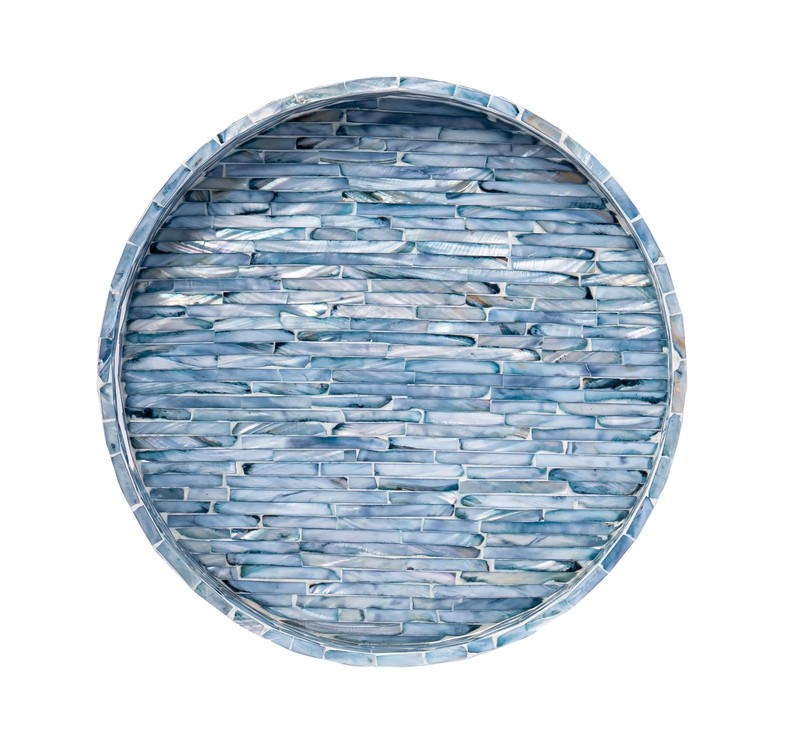 PEMAR 12.6” Mother of Pearls Lacquer Inlaid Round 12.6" x 2", Blue Tiles