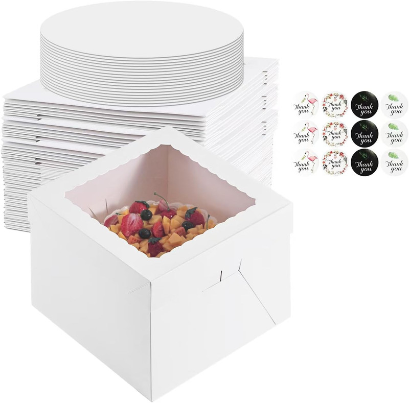 48Pcs 8X8X8 Inches Cake Boxes,24Pcs White Bakery Boxes with Window and 24Pcs Boa